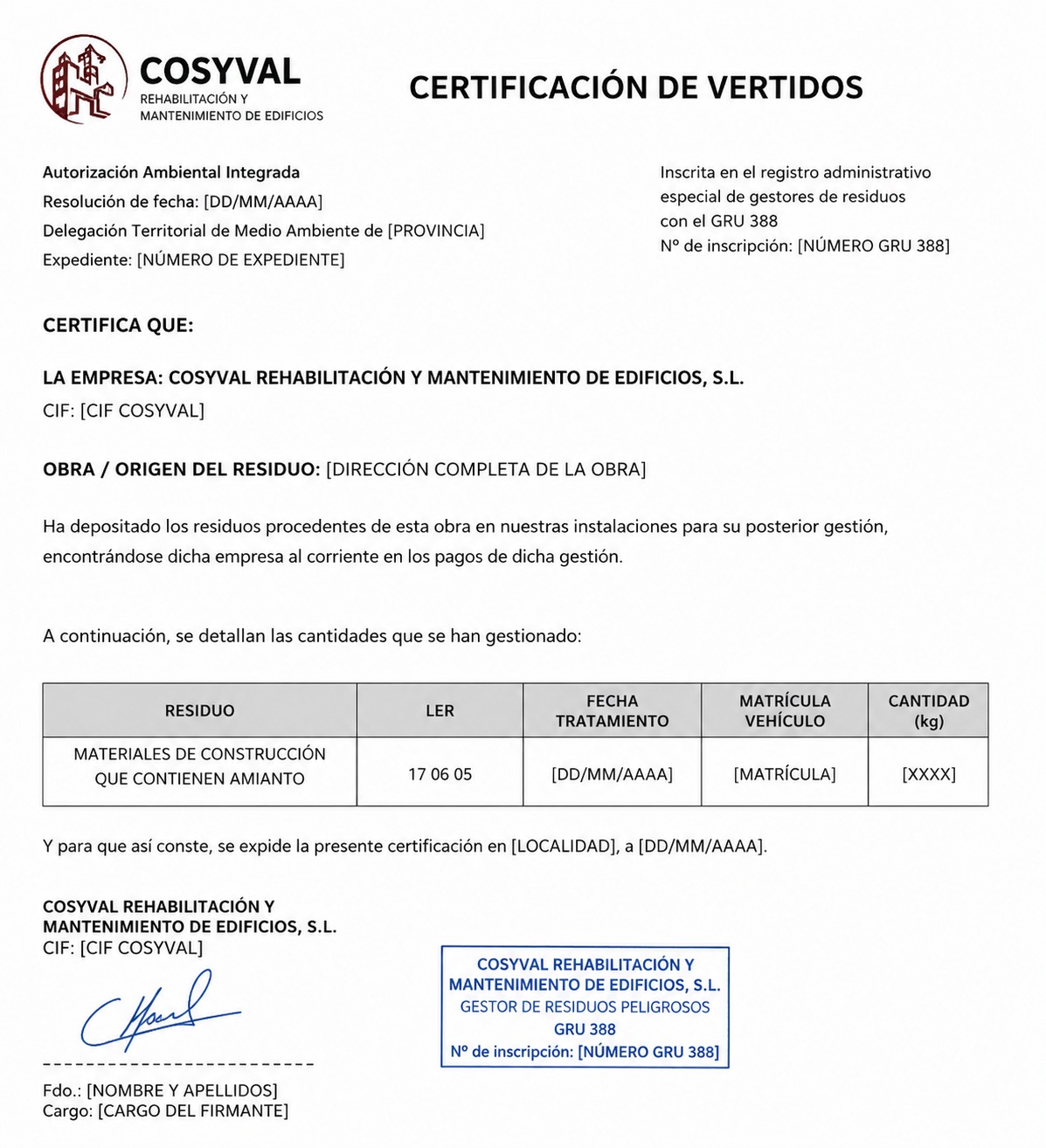 Certificado de eliminación de amianto — Cosyval empresa RERA